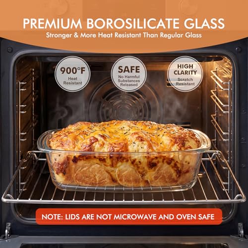 HOTEC 2-Pack LARGE 7.6 Cups/1800 ML/1.9 Qt Glass Loaf Pan, Microwave and Oven Safe - Loaf Pans For Food Storage Container, Bakeware for Bread, Lasagna, Potatoes, Meal Prep, Airtight Lid