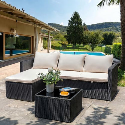 Shintenchi Outdoor Sectional Patio Furniture Set 4-Piece, All-Weather PE Rattan Sofa Couch with Cushions & Storage Coffee Table for Yard, Garden, Porch, Poolside (Beige)