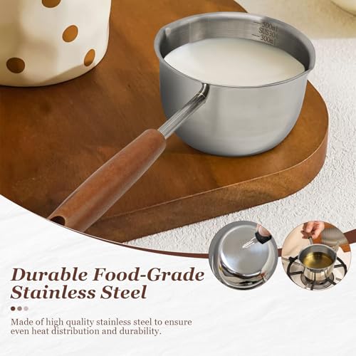 Butter Warmer Pot, 500ml Small Sauce Pan with Pour Spouts and Measurement Lines, 304 Stainless Steel for Melting Butter, Heating Milk and Warming Sauce