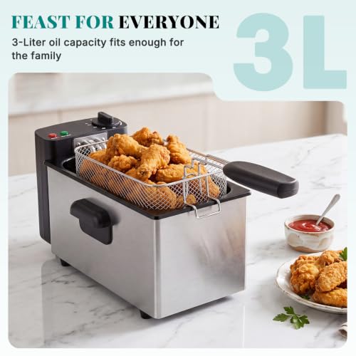 OLIXIS Deep Fryer for Home Use, Small Electric Fryer with 3 Liter Capacity, 1500W Power, 4 Adjustable Temp, Lid with Viewing Window for Fried Chicken, Shrimp, French Fries, Silver