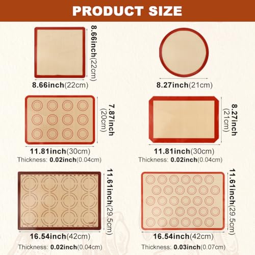 Silicone Baking Mat Set, Extra Thick Silicone Mats, 6-Pack Nonstick Baking Sheet Liners, Reusable Oven Mats, Heat Resistant -40°F to 446°F, Dishwasher Safe for Macarons, Cookies, Pizza, Bread