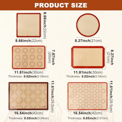 Silicone Baking Mat Set, Extra Thick Silicone Mats, 6-Pack Nonstick Baking Sheet Liners, Reusable Oven Mats, Heat Resistant -40°F to 446°F, Dishwasher Safe for Macarons, Cookies, Pizza, Bread