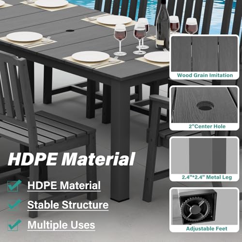 Tioline 9-Piece Patio Dining Set, Outdoor Dining Set for 8, HDPE All-Weather Outdoor Furniture with 75.20” Umbrella Hole Table, 2 Armchairs & 6 Armless Chairs, Gray