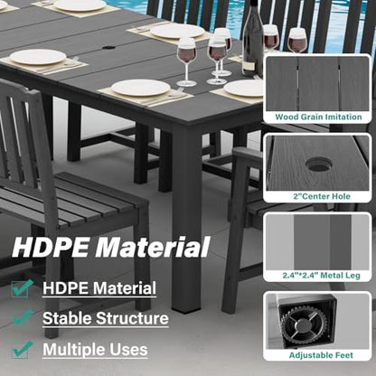 Tioline 9-Piece Patio Dining Set, Outdoor Dining Set for 8, HDPE All-Weather Outdoor Furniture with 75.20” Umbrella Hole Table, 2 Armchairs & 6 Armless Chairs, Gray