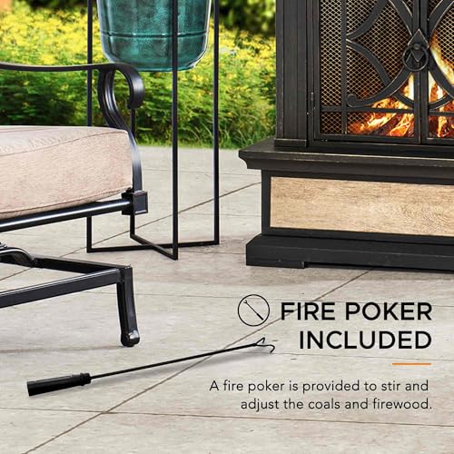 Sunjoy Outdoor Fireplace, Stone Look Tile Patio Wood Burning Steel Fireplace with Chimney, Spark Screen, Fire Poker, Rain Cover, and Removable Grate, Black with Golden Highlight