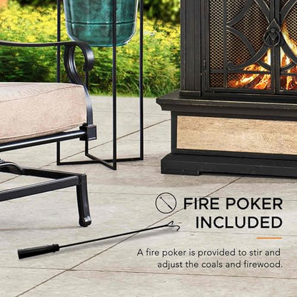 Sunjoy Outdoor Fireplace, Stone Look Tile Patio Wood Burning Steel Fireplace with Chimney, Spark Screen, Fire Poker, Rain Cover, and Removable Grate, Black with Golden Highlight