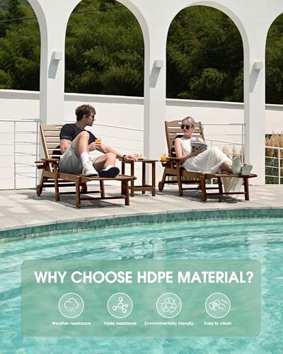 SUUNYN Chaise Lounge Outdoor, Lounge Chair Outdoor with Wood Texture, Adjustable 5-Position Backrest, HDPE Lounge Chair with Wheels & Cup Holder for Pool Deck Backyard, Teak
