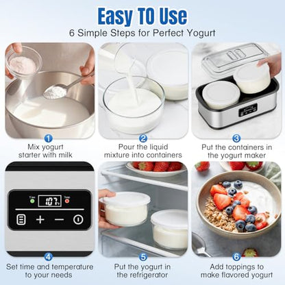 Yogurt Maker with Two 1 Quart Glass Bowls, Yogurt Maker Machine with Precise Temp Control (68-127℉) & 48H Timer, Auto Shut-Off, BPA-Free, for Homemade Probiotic Yogurt & Gut Health