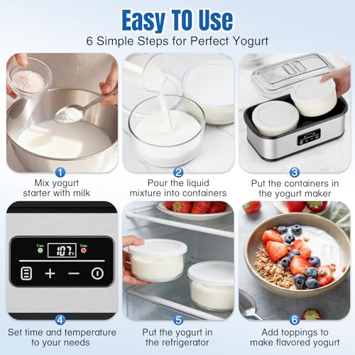 Adjustable Temp & Time Yogurt Maker with Auto Shut-Off, Constant Fermentation, with Two 925ml Glass Bowls for Homemade Probiotic Yogurt