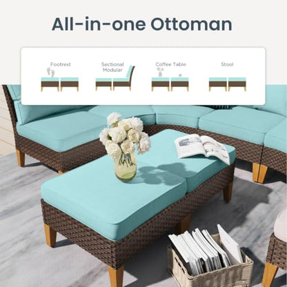 PHI VILLA 12 Pieces Wicker Patio Furniture Sofa Set, Half Moon, Aqua Blue