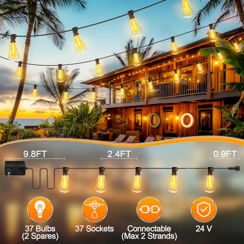 Outdoor Lights String Patio Outside - 100ft 30M LED Waterproof Light - Hanging Lighting ST38 Shatterproof Edison Bulb Deck Backyard Gazebo Balcony Party Bistro Cafe Pergola Garden Yard Porch Dimmable