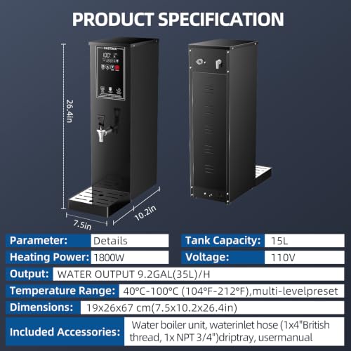 EASTDAX Hot Water Dispenser - Commercial Water Boiler 35L(9.2 GAL)/H Step-Heating LED Screen 24-Hour Timer Switch Adjustable Temperature Control 32°F - 212°F for Coffee Shop Restaurants Office 1800W