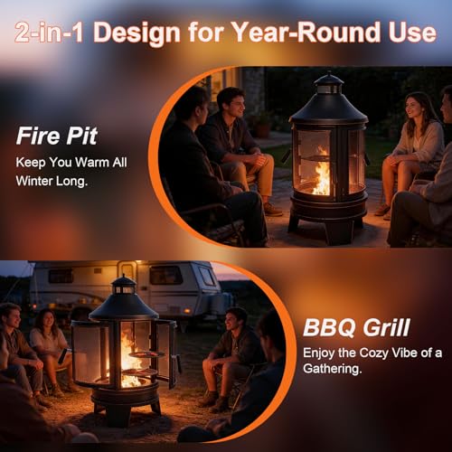 Gotland 2 in 1 Metal Chimenea with Grill, Outdoor Fire Pit with Adjustable Grill Tray 3-Door Design Spark Screen Door, Chiminea Outdoor Fireplace, Wood Stove for BBQ, Patio, Garden, Backyard