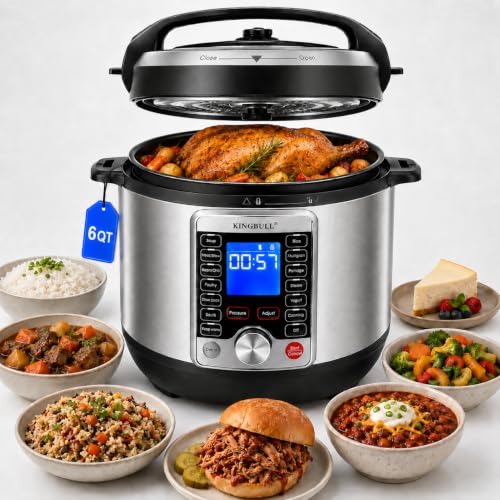 KINGBULL 14-in-1 Electric Pressure Cooker 6 Quart, Stainless Steel Multi Cooker with LCD Display, Slow Cooker, Rice Cooker, Steamer, Sauté, Yogurt Maker, Warmer, DIY Mode, Black