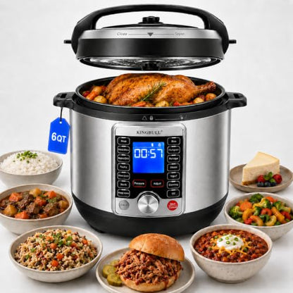 KINGBULL 14-in-1 Electric Pressure Cooker 6 Quart, Stainless Steel Multi Cooker with LCD Display, Slow Cooker, Rice Cooker, Steamer, Sauté, Yogurt Maker, Warmer, DIY Mode, Black
