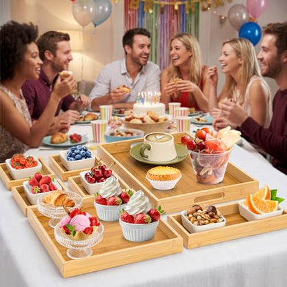 Wood Serving Trays with Handles, Set of 7 Rectangular Platters, Nesting Bamboo Tray for Breakfast in Bed, Entertaining, Couch, Party, Breakfast, Coffee Table, Home Decor