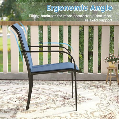 DIFY 5 Pieces Outdoor Patio Dining Set for 4, 40.6" Black Round Metal Dining Table and 4 Blue Stackable Sling Dining Chairs, Outdoor Table and Chairs for Lawn Garden Backyard Deck