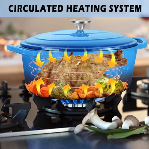 TeamFar 7QT Oval Dutch Oven, Enameled Cast Iron Dutch Oven Pot with Lid, For Bread Baking/Stewing/Braising/Frying, Suitable for Various Stoves, Non-stick & Easy Clean, Blue