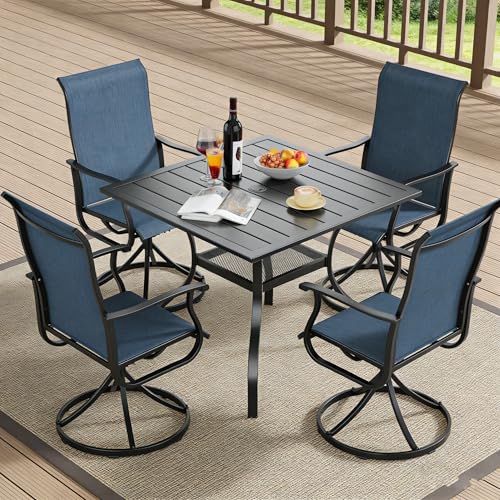 SUNCROWN 5-Piece Outdoor Patio Dining Set, All Weather Square Metal Table & 4 Dark Blue Swivel Textilene Mesh Chairs, Weather Resistant Patio Furniture for Deck Lawn Garden Backyard Poolside