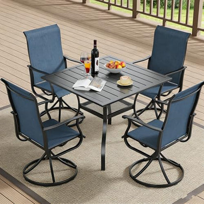 SUNCROWN 5-Piece Outdoor Patio Dining Set, All Weather Square Metal Table & 4 Dark Blue Swivel Textilene Mesh Chairs, Weather Resistant Patio Furniture for Deck Lawn Garden Backyard Poolside