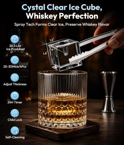 Oylus 1.6" Clear Ice Cube Maker, 4 Large Square Ice Cube in 25 Mins