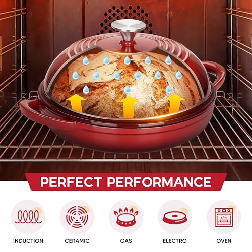E-far Dutch Oven for Sourdough Bread Baking, 6 Qt Round Enameled Cast Iron Dutch Oven for Homemade Artisan Bread, Dome Lid & Shallow Base, Matte Black Interior & Durable, Oven-Safe to 500℉, Red