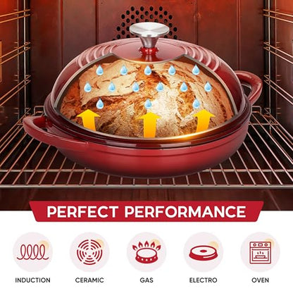 E-far Dutch Oven for Sourdough Bread Baking, 6 Qt Round Enameled Cast Iron Dutch Oven for Homemade Artisan Bread, Dome Lid & Shallow Base, Matte Black Interior & Durable, Oven-Safe to 500℉, Red