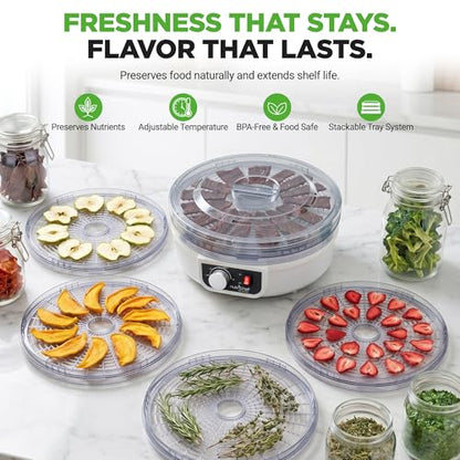 NutriChef Electric Countertop Food Dehydrator - Multi-Tier High-Heat Circulation Professional Food Preserver, Fruit, Vegetable Dryer, Meat or Beef Jerky Maker w/ 5 Stackable Trays - AZPKFD12