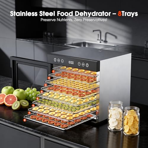 PSIIDAN Upgraded Food Dehydrator Machine, 650W Powerful Dehydrator with 8 Stainless Steel Trays & Interior Light, Adjustable Timer and Temperature for Jerky, Fruits, Herbs, Dog Treats