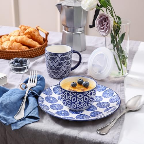 Selamica Ramekins with Lids, 8 oz Oven Safe Creme Brulee Ramekins with Covers, Souffle Dishes Pudding Custard Cups, Stackable Ceramic Small Ramekin Bowls Set for Baking, Dipping, Ice Cream, Set of 6, Vintage Blue