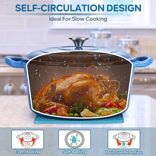 Herogo 6 QT Enameled Cast Iron Round Dutch Oven Pot with Dual Handles, Lid & Silicone Trivet Mat, for Bread Baking Stewing Roasting, Nonstick & Easy Cleanup, Safe for Various Stovetops-Blue