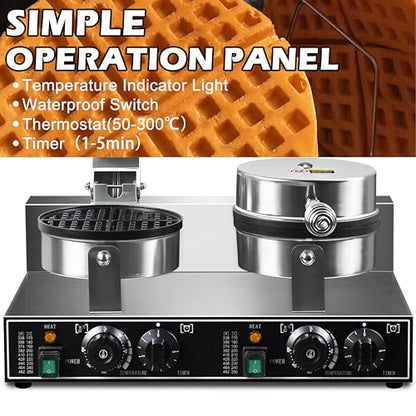 110V 2600W Commercial Double Waffle Maker,Non-Stick Commercial Waffle Baker,Stainless Steel Belgian Waffle Iron for Restaurant Party Food Stall, Bakery Snack Bar Family