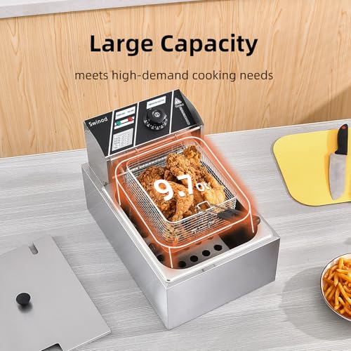 Commercial Deep Fryer with Baskets, 1700W 9.7QT/9.1L Thickened Stainless Steel Countertop Electric Oil Fryer, Large Capacity with Temperature Control (6L)