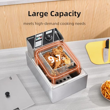 Commercial Deep Fryer with Baskets, 1700W 9.7QT/9.1L Thickened Stainless Steel Countertop Electric Oil Fryer, Large Capacity with Temperature Control (6L)