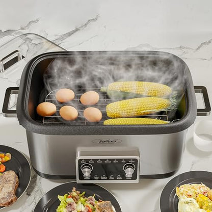 SUNVIVIPRO 12-in-1 Programmable Slow Cooker, 8 Quart Digital Multi-Cooker Food Warmer with Timer, Temp Control & Auto Shut Off, Removable Non-Stick Pot, Dishwasher-Safe Glass Lid, Stainless Steel