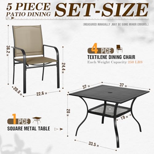 SUNCROWN 5 Pieces Outdoor Dining Set, Patio Furniture Set with 4 x Textilene Dinning Chairs and 1 Steel Slat Metal Bistro Table for Lawn Garden Backyard Deck - Brown