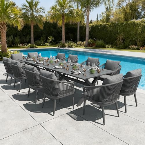 LayinSun 14 Pieces Outdoor Patio Dining Set, Aluminium Rectangular Dining Table and Wicker Rattan Chairs Set for Outside Backyard, Poolside