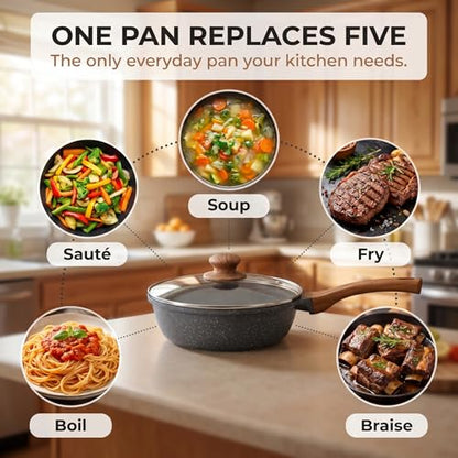 YASHE 10 Inch Nonstick Saute Pan with Glass Lid, 3.5 QT Deep Skillet & Frying Pan, Healthy Granite Stone Cookware for Family, One Pan Replaces Five, Induction Compatible, PFOA Free
