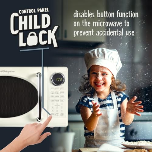 Nostalgia Retro 700W Microwave Oven 0.7 Cu Ft Capacity – Child Safety Lock, 8 Auto-Cook Settings – Countertop Kitchen Appliance – Ivory