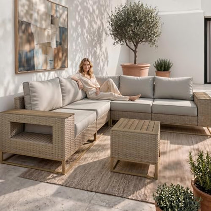 Outdoor Patio Furniture Set, PE Wicker Sectional Sofa with Thick Cushions