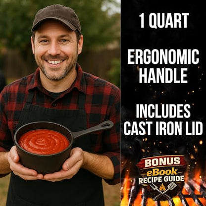 1 QT Cast Iron Sauce Pot with Lid & Wood Brush for Basting, Melting, Simmering Sauce, Butter & Cheese - Built for Cooking, Grilling & Camping - 932°F Max Even Heat Distribution - Professional Grade