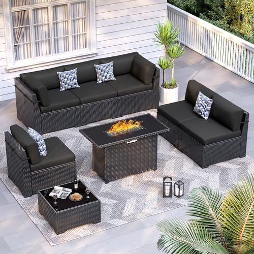 8 Piece Patio Furniture Set with 44” Fire Pit Table with Thickened Cushions