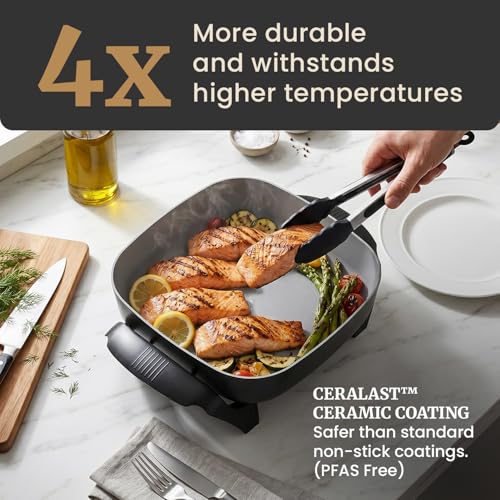 Elite Gourmet PFAS-Free Ceramic Electric Skillet, Extra Deep 12"x12"x3", Less Splatter, Dishwasher Safe, Rapid Heat, EG2313, 1200W, Black