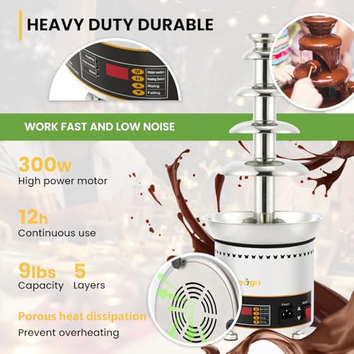 Flyseago Chocolate Fountains Commercial 5 Tiers 9Lbs Large Chocolate Waterfall Machine Stainless Steel Hot Cheese Fondue Tower Easy Assembly Perfect for Candy BBQ Sauce Ranch Liqueurs Digital-control