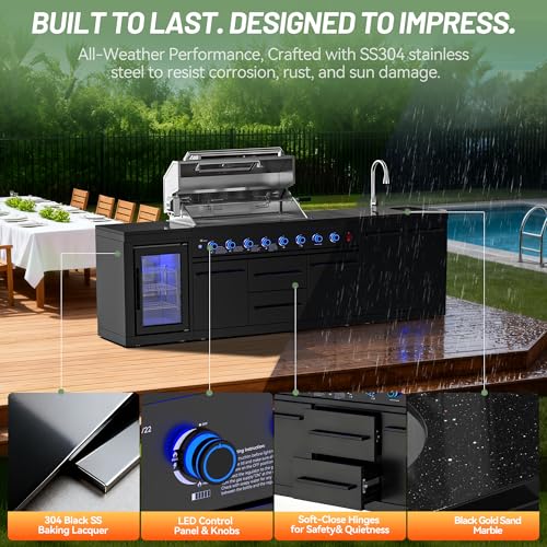 VESTIVIUM 112" All-in-One Outdoor Kitchen, 8-Burner Modular Grill Station, Powder Coating Black SS304 & Black Granite, Sink, Fridge, Complete BBQ Set for Large Patios & Backyards (Propane)