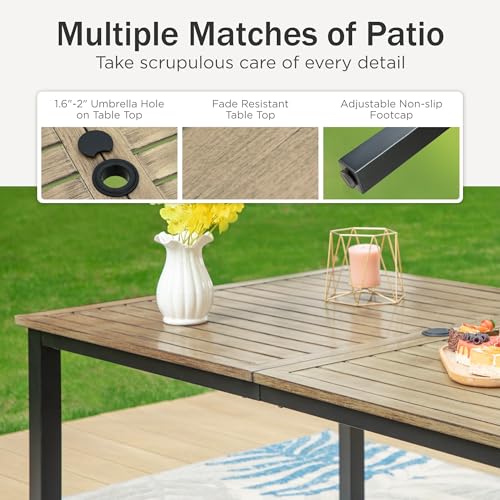 PHI VILLA 7-Piece Outdoor Dining Set, Heavy Duty Patio Table and Chairs Set with Umbrella Hole for 6, 64" Rectangular Patio Woodgrain Metal Table & Swivel Chairs with Cushions