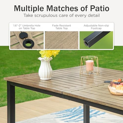 PHI VILLA 7-Piece Outdoor Dining Set, Heavy Duty Patio Table and Chairs Set with Umbrella Hole for 6, 64" Rectangular Patio Woodgrain Metal Table & Swivel Chairs with Cushions