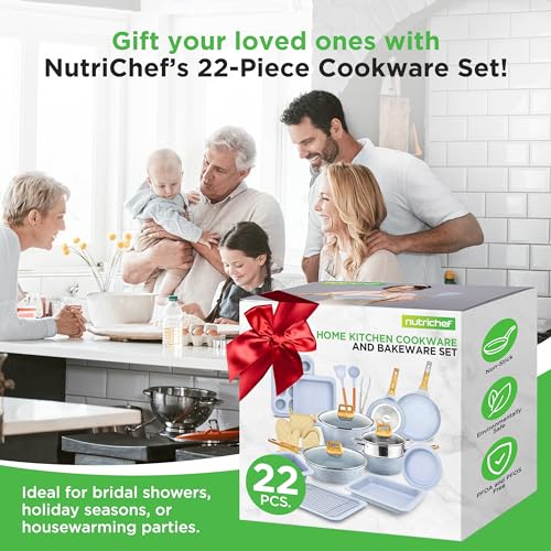 NutriChef 22‑Piece Non‑Stick Ceramic Pots and Pans Set – For All Cooktops Including Induction – PTFE & PFAS Free, Includes Bakeware & Utensils