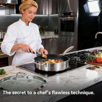 LOLYKITCH 6 QT Large Skillet with Lid, 12 Inch Nonstick Deep Frying Pan, Tri-Ply Stainless Steel Hybrid Saute Pan for Family Meals, Induction Oven Compatible Ceramic Coated, Detachable Handle
