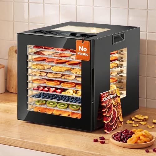 Manastin Food Dehydrator Machine 10 Stainless Steel Trays, 850W Dryer for Meat Jerky, Fruit, Herbs, Yogurt & Dog Treats, 95-167℉ Dehydrated Dryer, 48H Timer, 10 Presets, Overheating Protection, Black